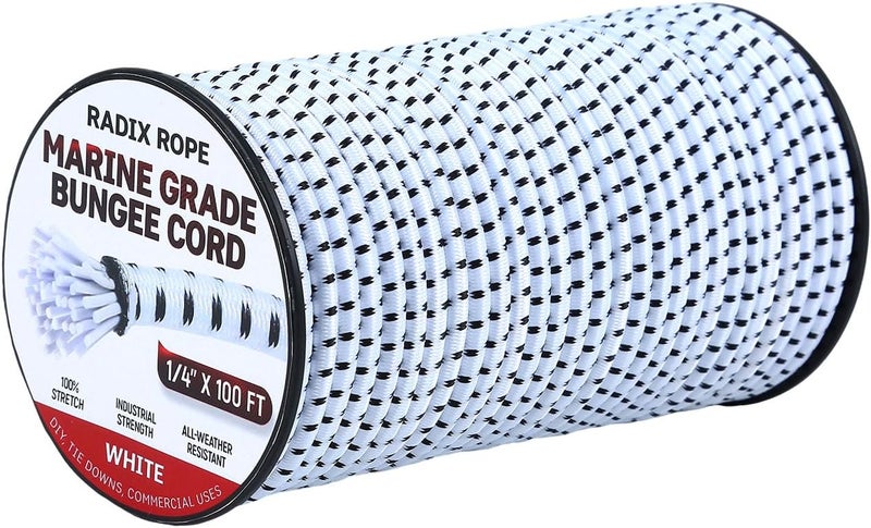 Radix Rope Bungee Cord - 1/4 Inch x 100 Feet - Elastic Shock Cord, Stretch Rope for Kayak, Crafts, Tie-Downs, DIY Projects - Flexible, High-Strength Bungee Rope (White with Black Trace) - Image 1